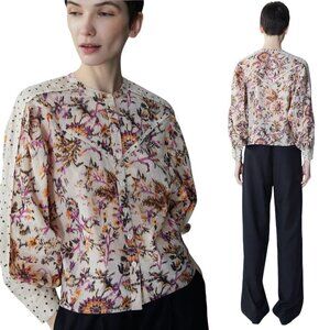 MariaCher Mixed Print Metallic Thread Blouse in White Gardenia Size XS